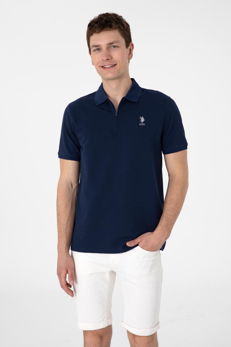 Erkek Regular Fit Fermuarlı Lacivert Dokulu Tişört