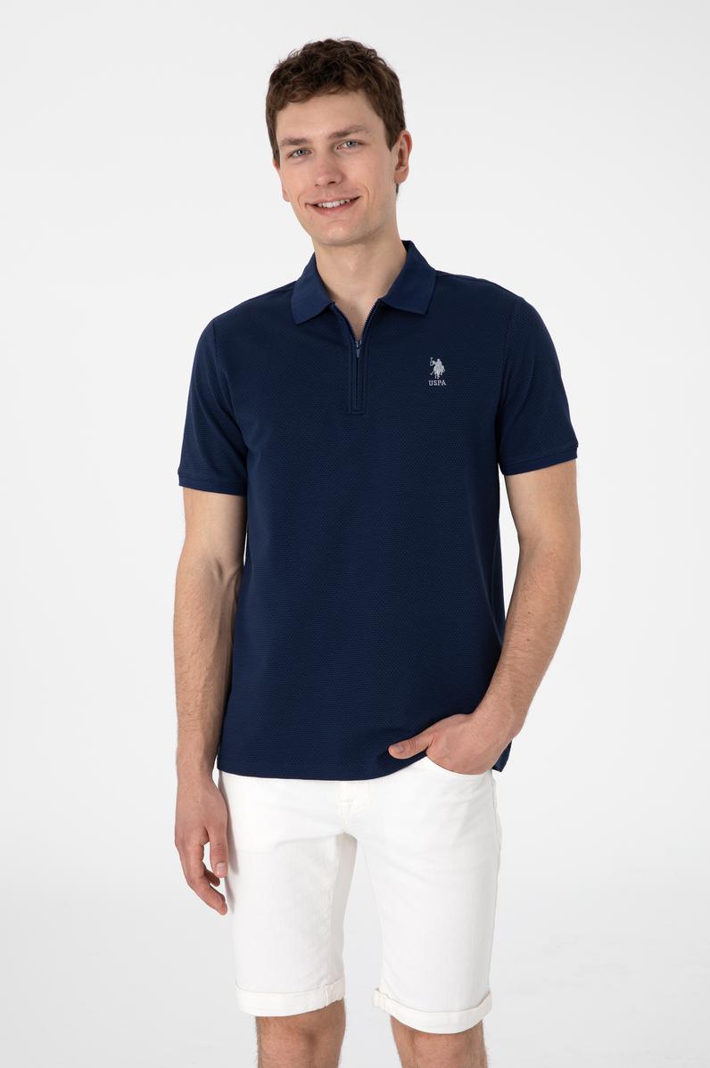 Erkek Regular Fit Fermuarlı Lacivert Dokulu Tişört