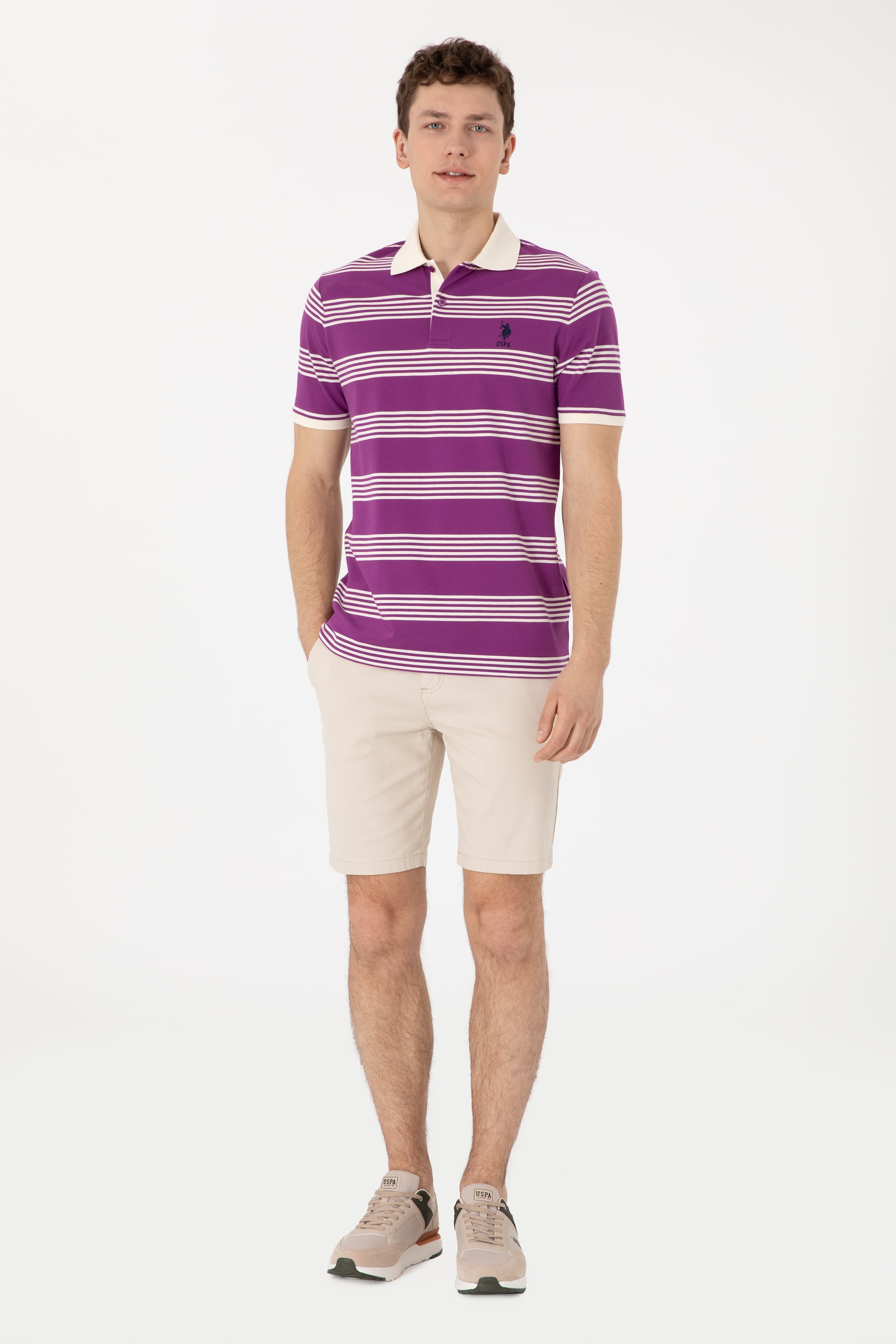 Erkek Regular Fit Polo Yaka Menekşe Çizgili Tişört - Image 4