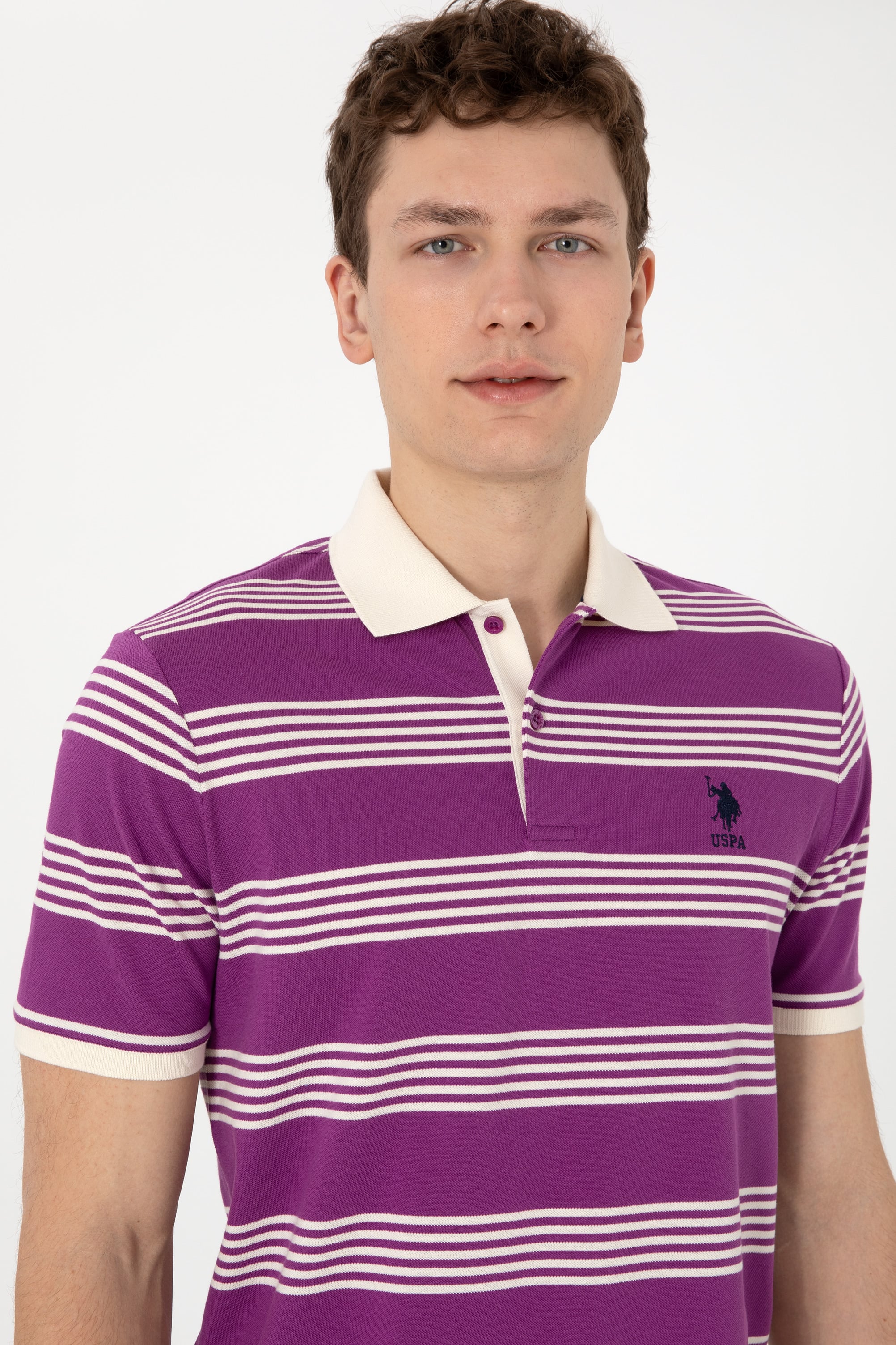 Erkek Regular Fit Polo Yaka Menekşe Çizgili Tişört - Image 2
