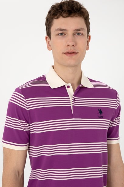 Erkek Regular Fit Polo Yaka Menekşe Çizgili Tişört