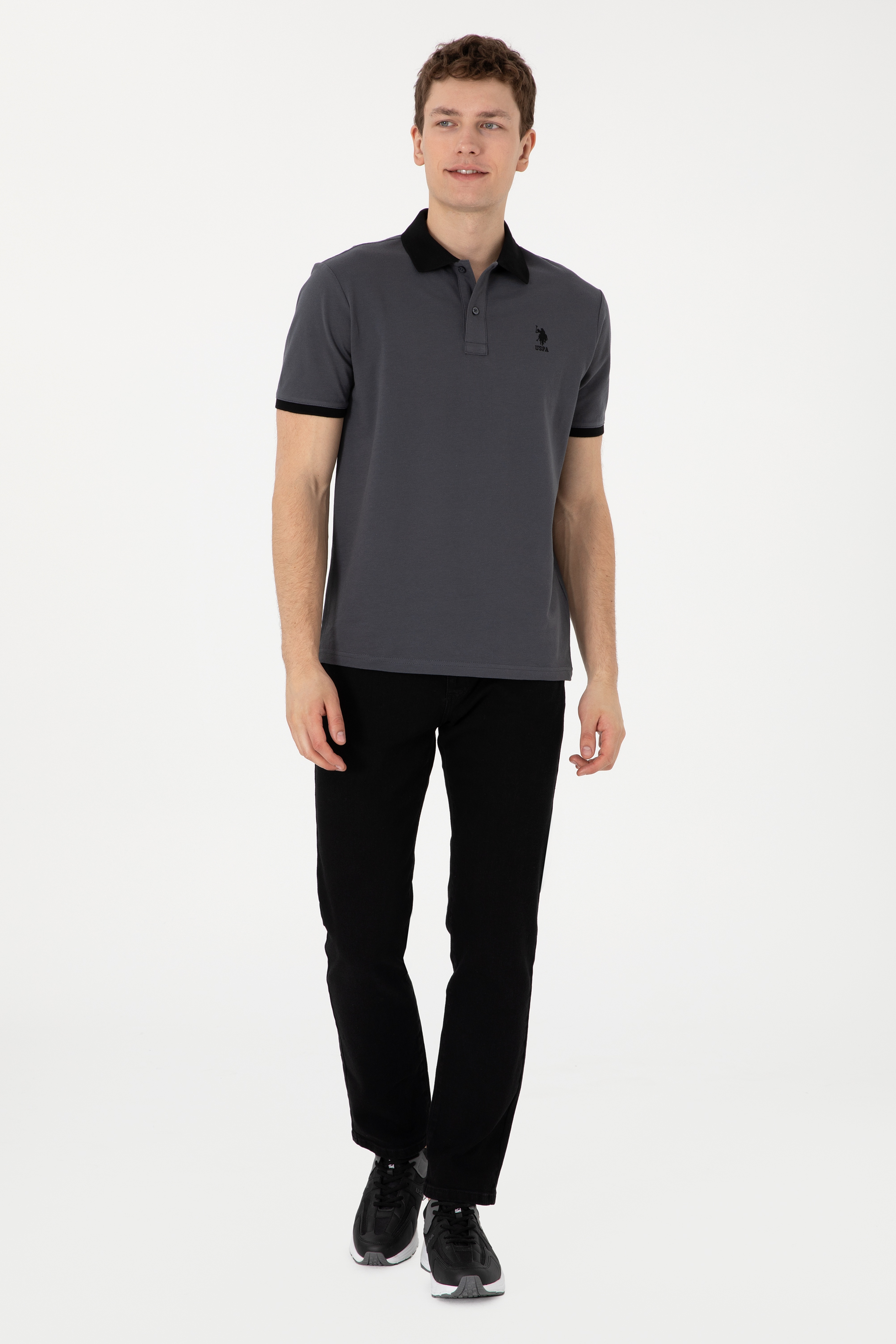 Erkek Regular Fit Polo Yaka Antrasit Basic Tişört