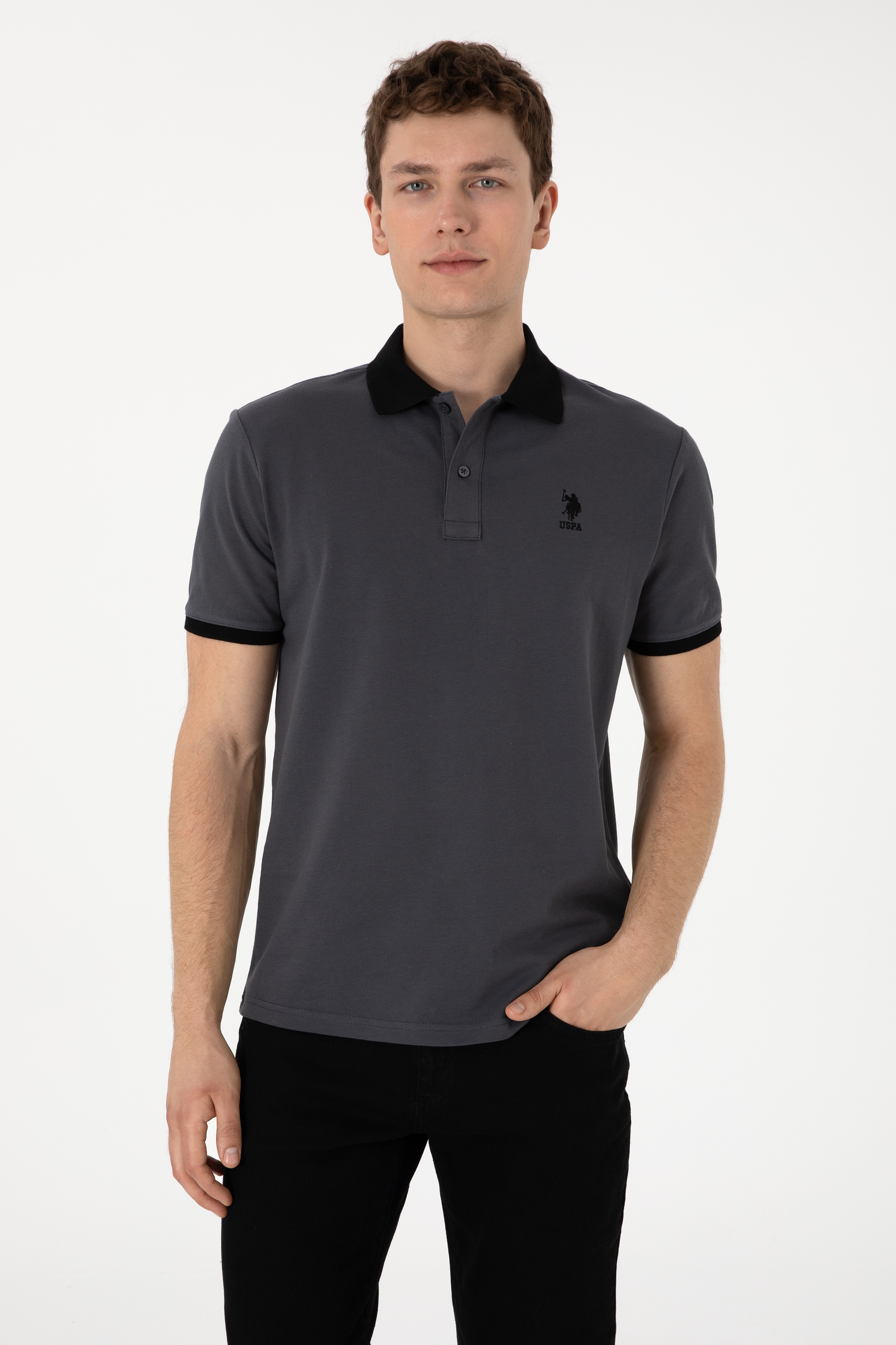 Erkek Regular Fit Polo Yaka Antrasit Basic Tişört - Image 1