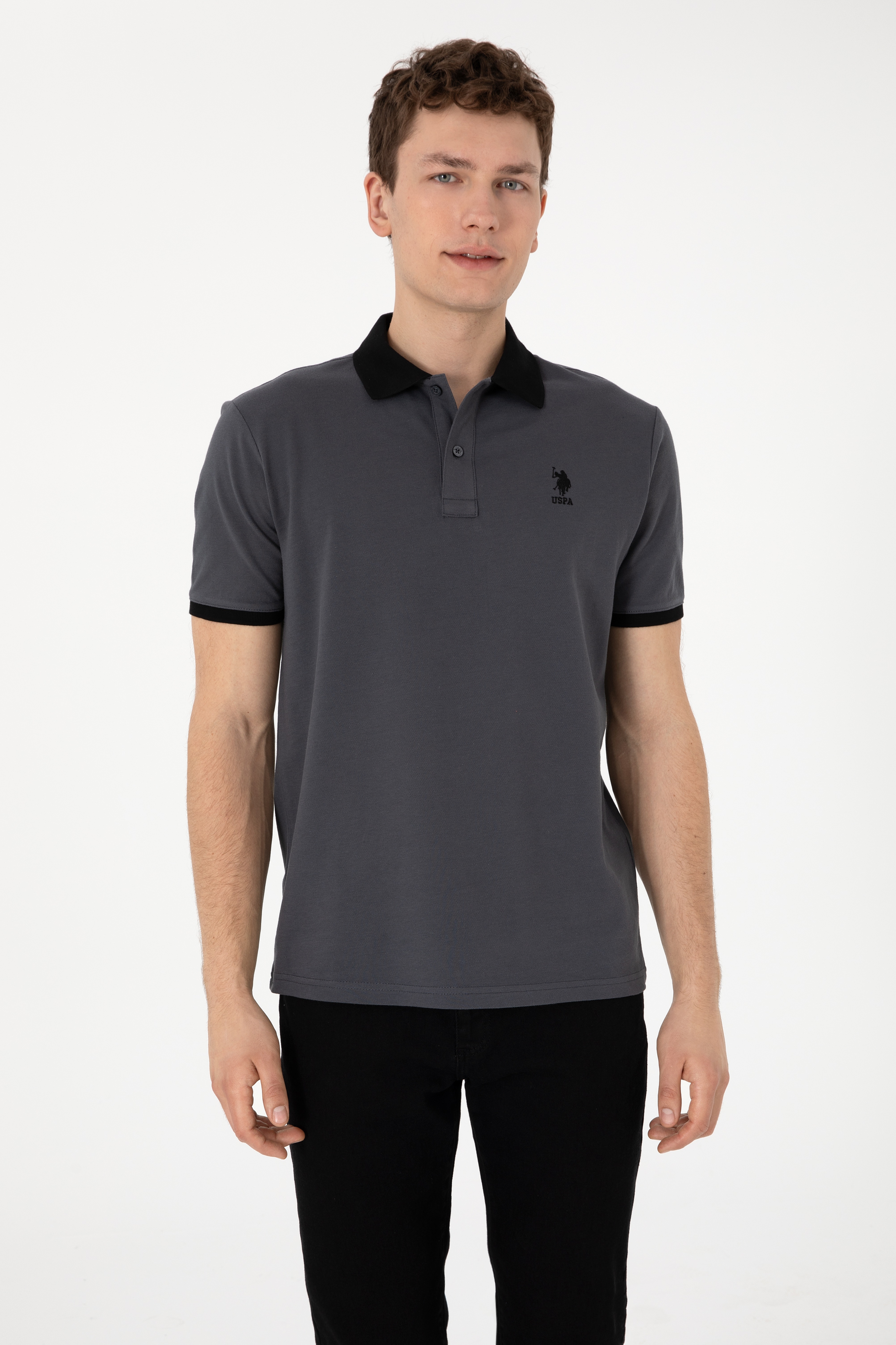 Erkek Regular Fit Polo Yaka Antrasit Basic Tişört