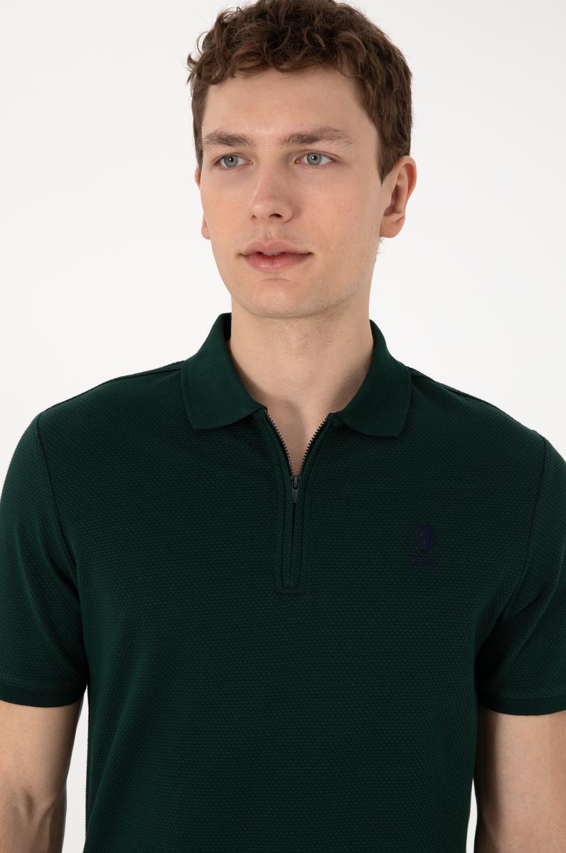 Erkek Regular Fit Fermuarlı Koyu Yeşil Dokulu Tişört
