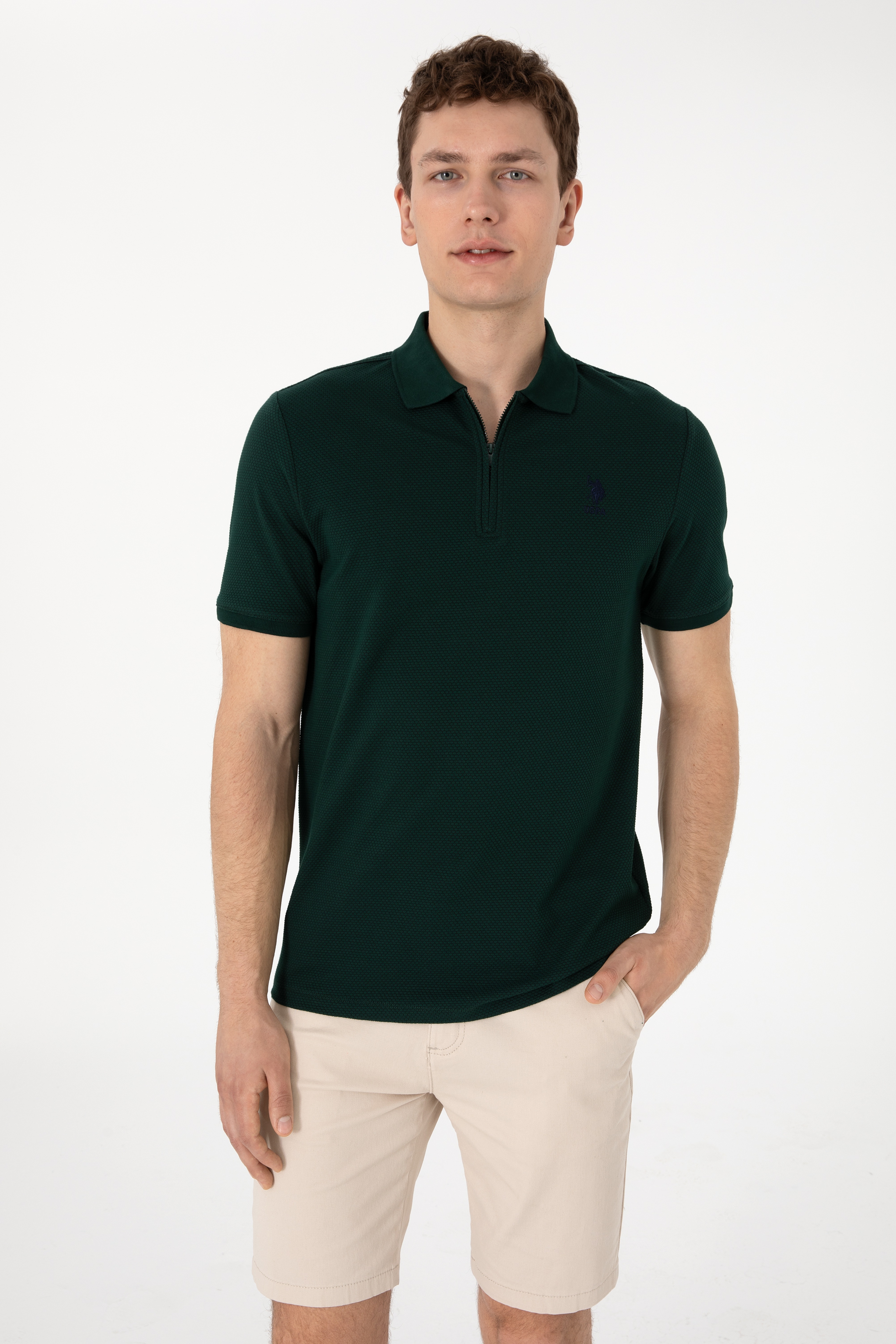 Erkek Regular Fit Fermuarlı Koyu Yeşil Dokulu Tişört - Image 1