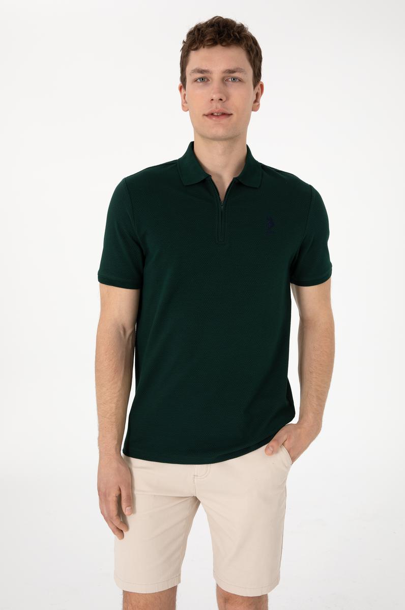 Erkek Regular Fit Fermuarlı Koyu Yeşil Dokulu Tişört