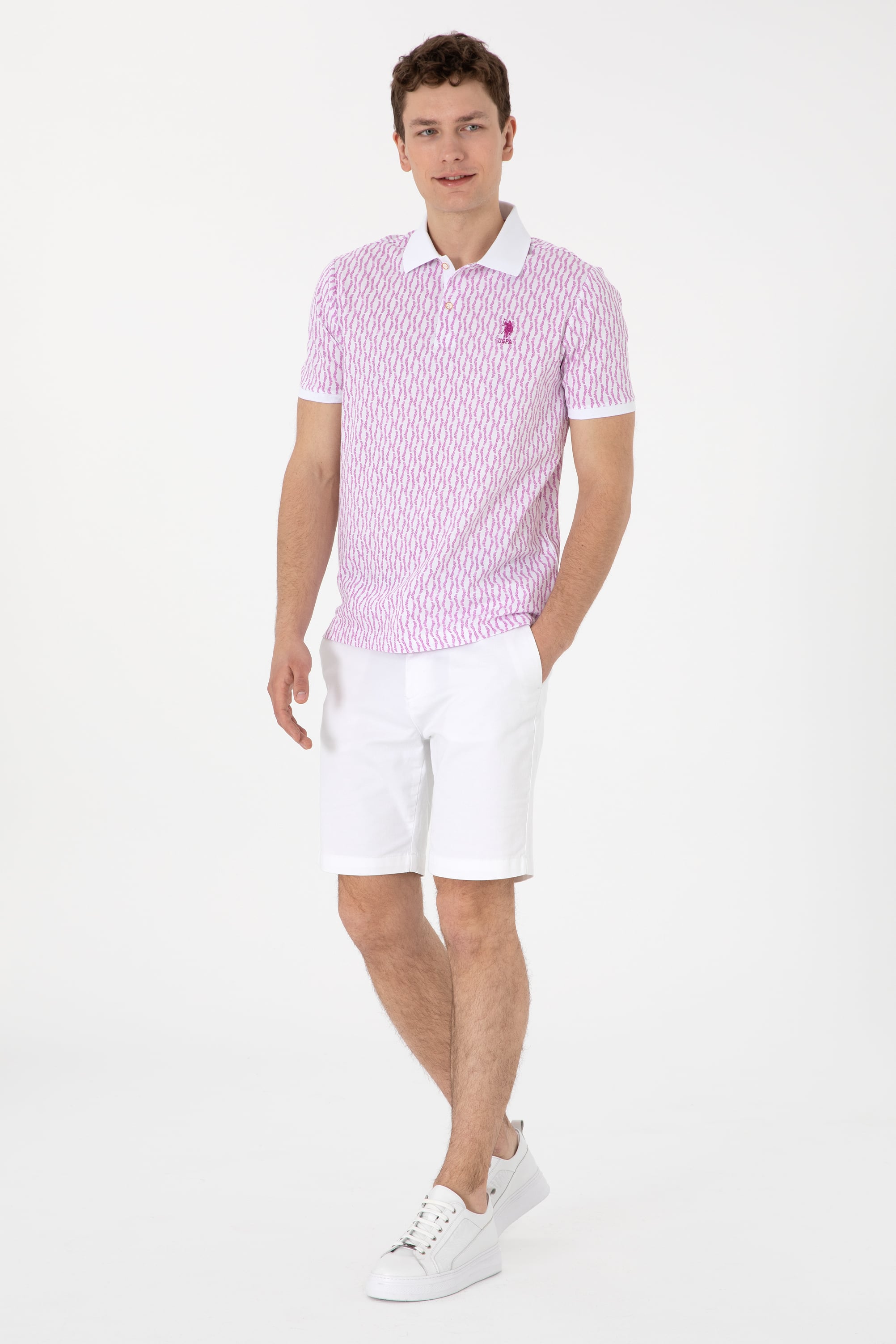 Erkek Regular Fit Polo Yaka Menekşe Desenli Tişört