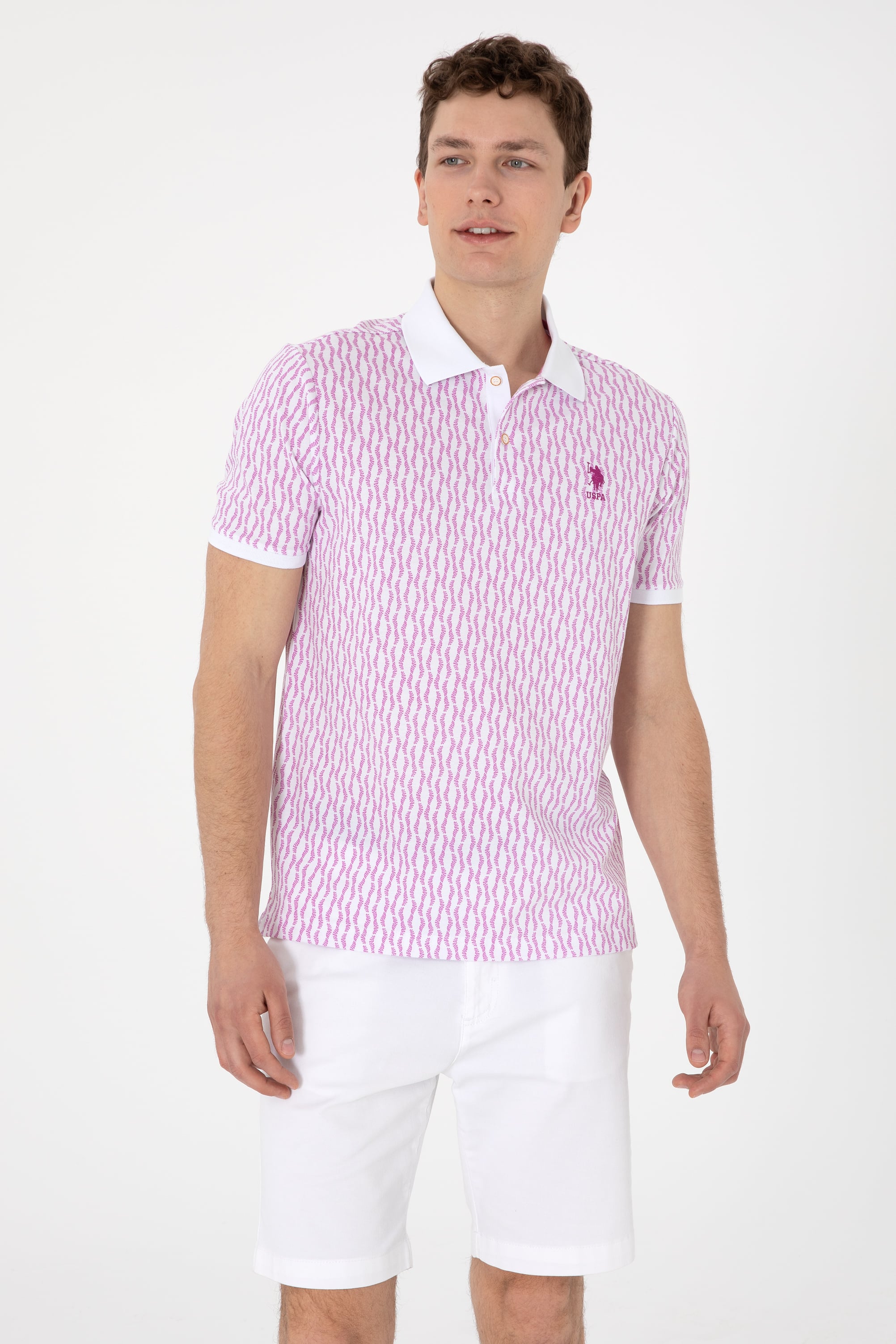 Erkek Regular Fit Polo Yaka Menekşe Desenli Tişört