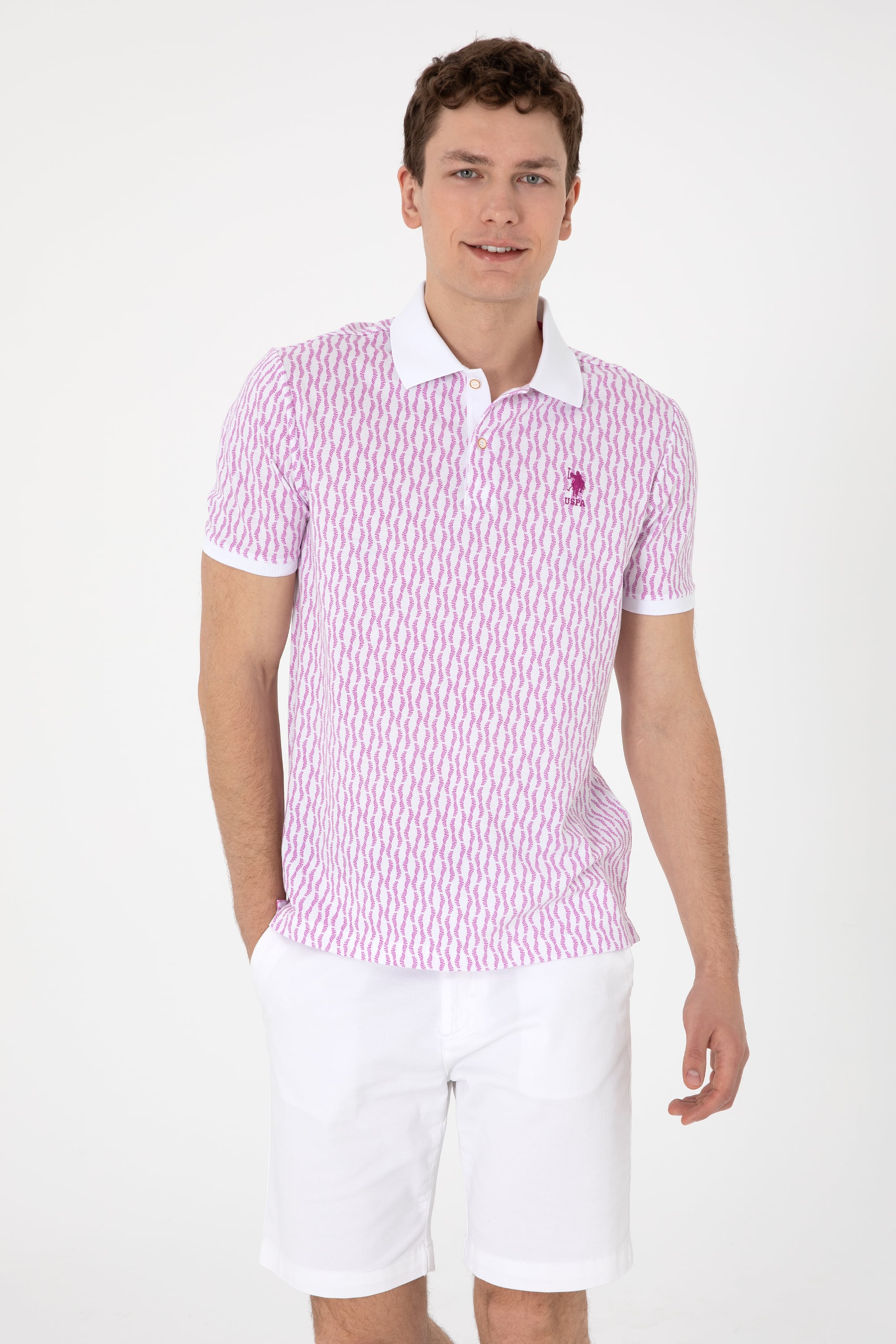 Erkek Regular Fit Polo Yaka Menekşe Desenli Tişört - Image 1