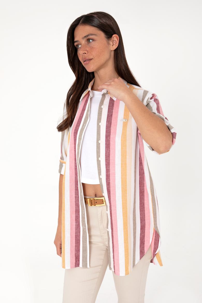Kadın Turuncu Çizgili Uzun Kollu Tunik Gömlek - 50305877012
