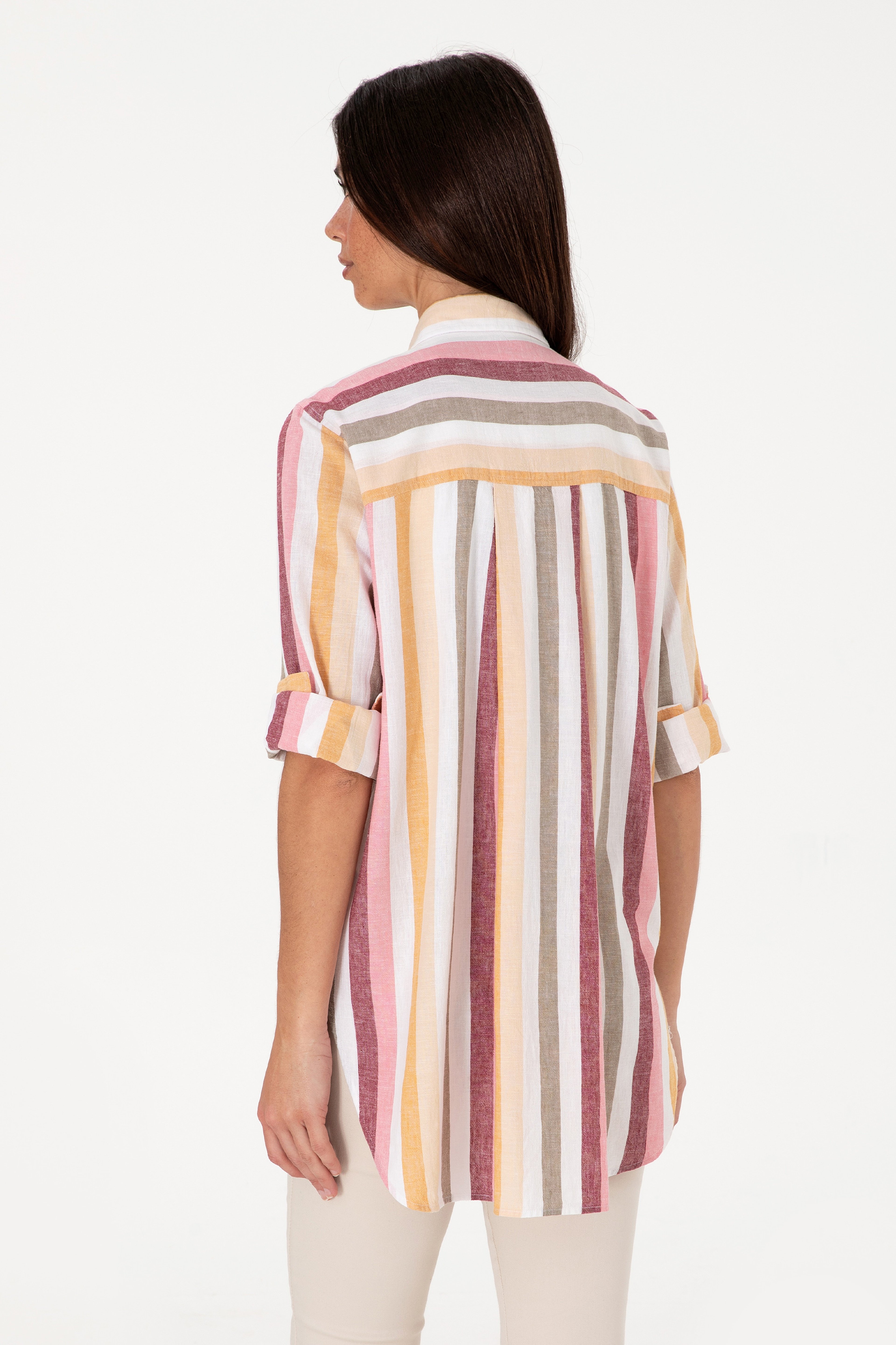 Kadın Turuncu Çizgili Uzun Kollu Tunik Gömlek