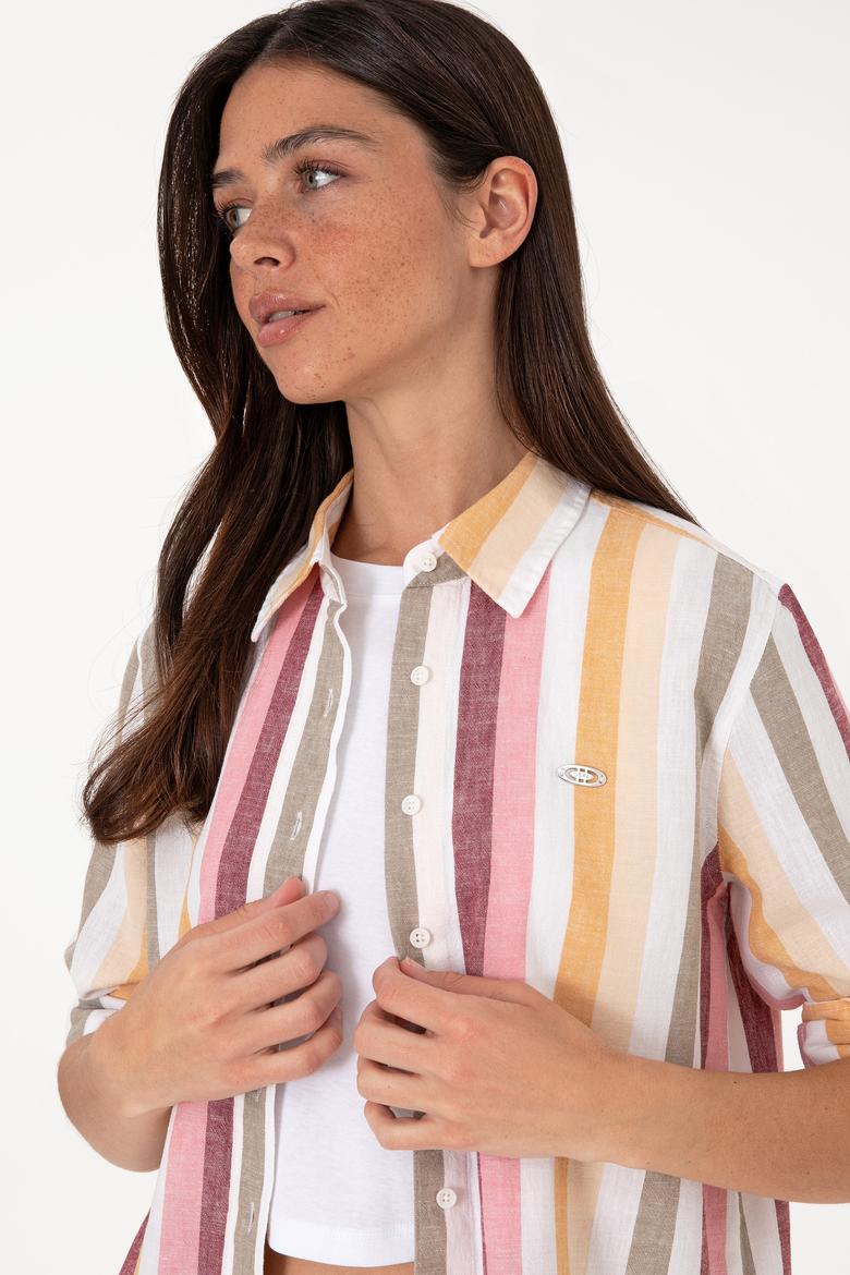 Kadın Turuncu Çizgili Uzun Kollu Tunik Gömlek - 50305877012