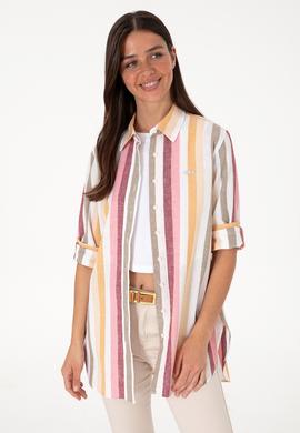 Kadın Turuncu Çizgili Uzun Kollu Tunik Gömlek - 50305877012