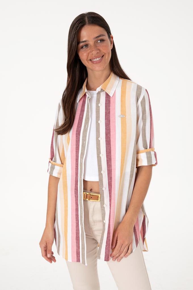 Kadın Turuncu Çizgili Uzun Kollu Tunik Gömlek