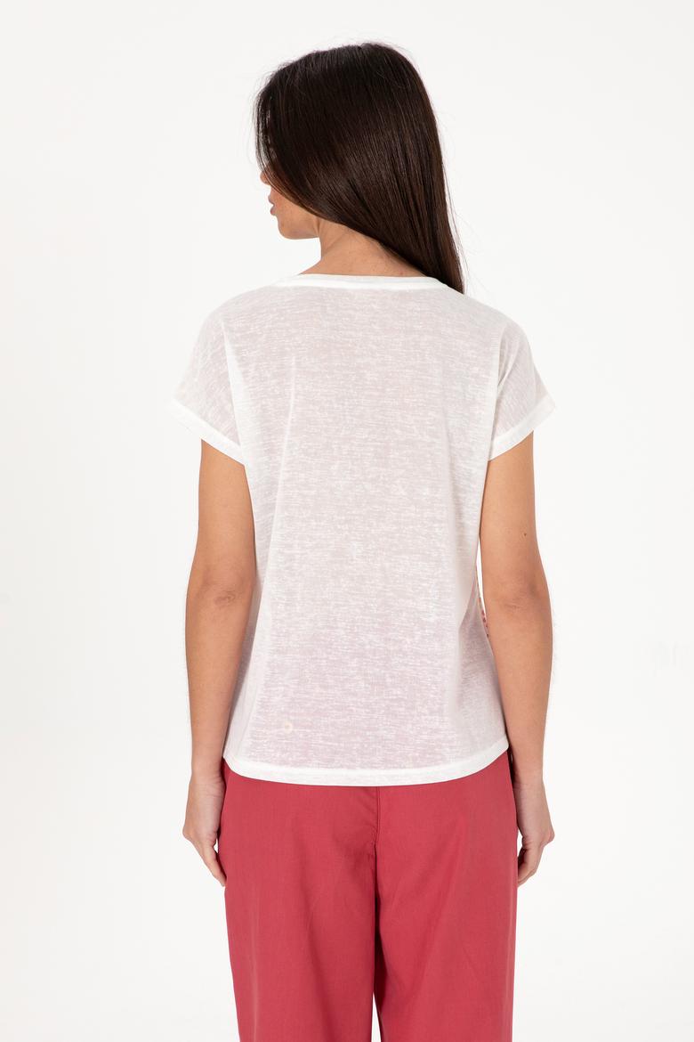 Kadın Turuncu Desenli Bisiklet Yaka Tişört - 50300783014