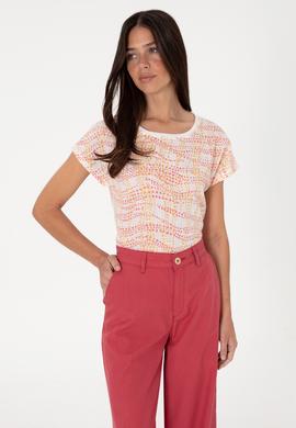 Kadın Turuncu Desenli Bisiklet Yaka Tişört - 50300783014