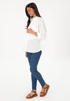 Kadın Beyaz Uzun Kollu Çizgili Tunik Gömlek - 50299320005