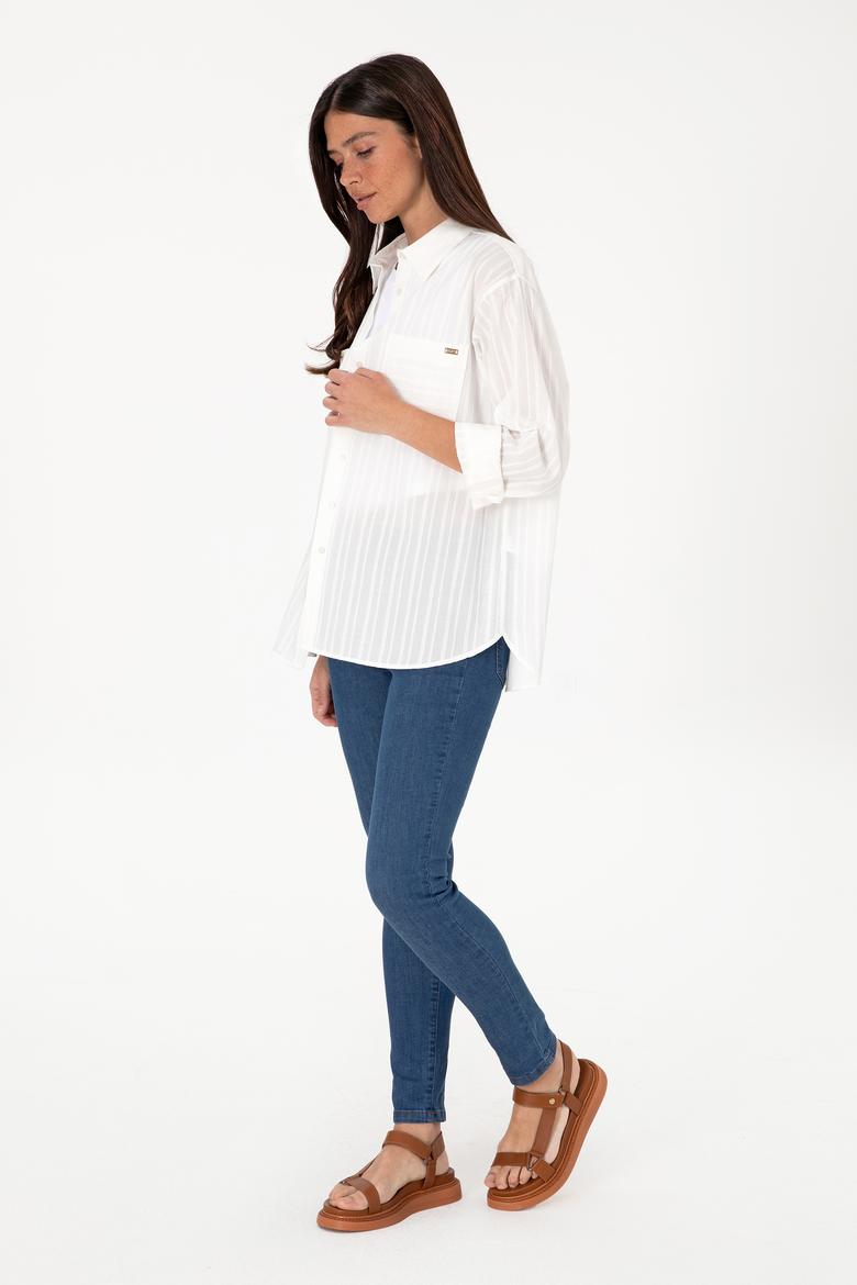 Kadın Beyaz Uzun Kollu Çizgili Tunik Gömlek - 50299320005