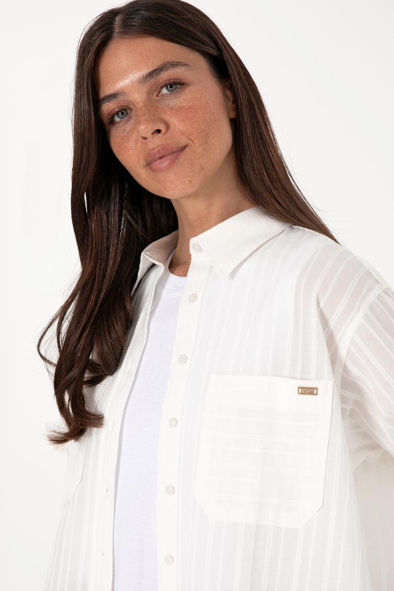 Kadın Beyaz Uzun Kollu Çizgili Tunik Gömlek - 50299320005