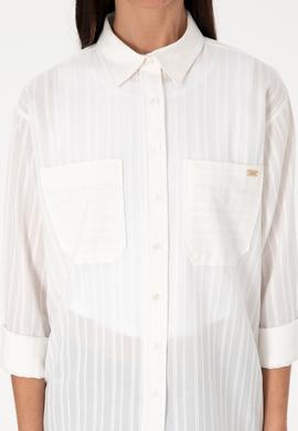 Kadın Beyaz Uzun Kollu Çizgili Tunik Gömlek - 50299320005