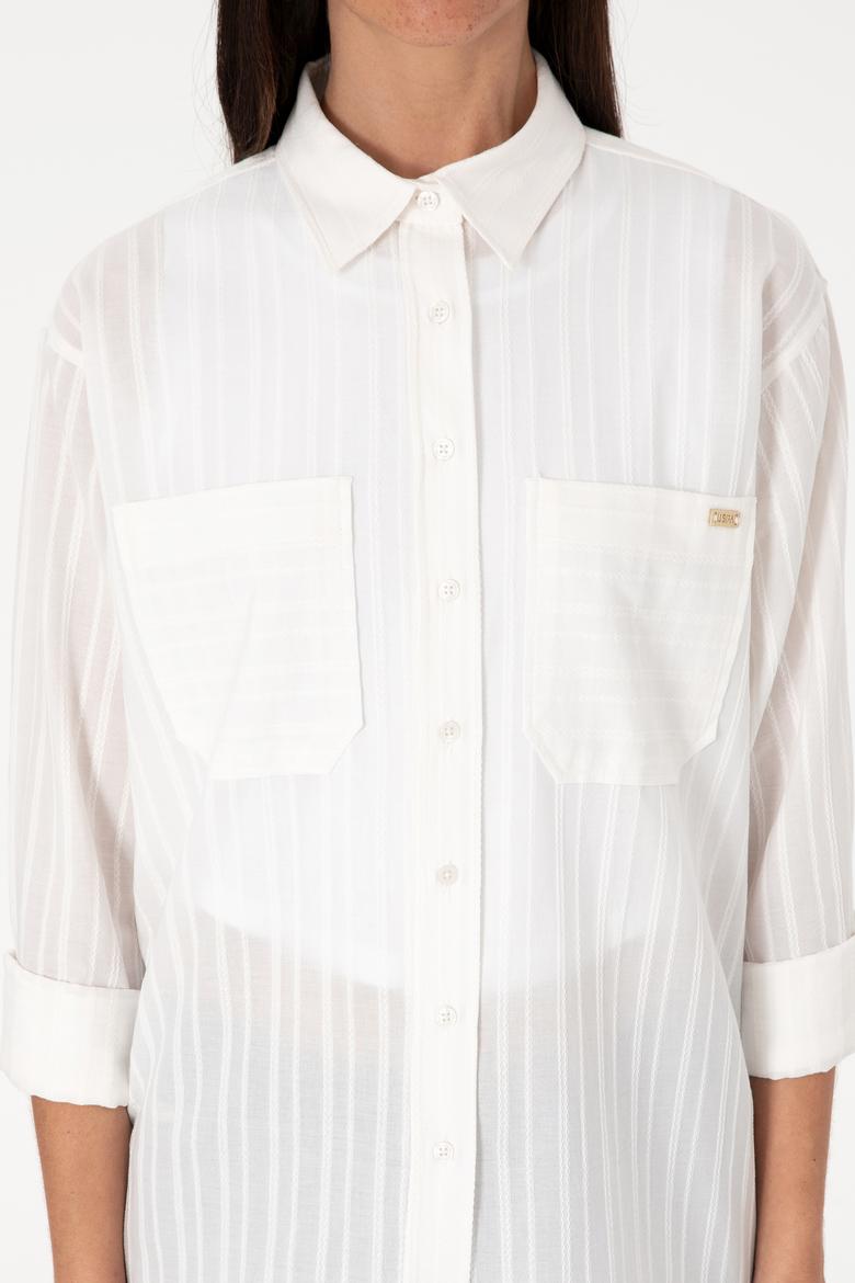 Kadın Beyaz Uzun Kollu Çizgili Tunik Gömlek - 50299320005