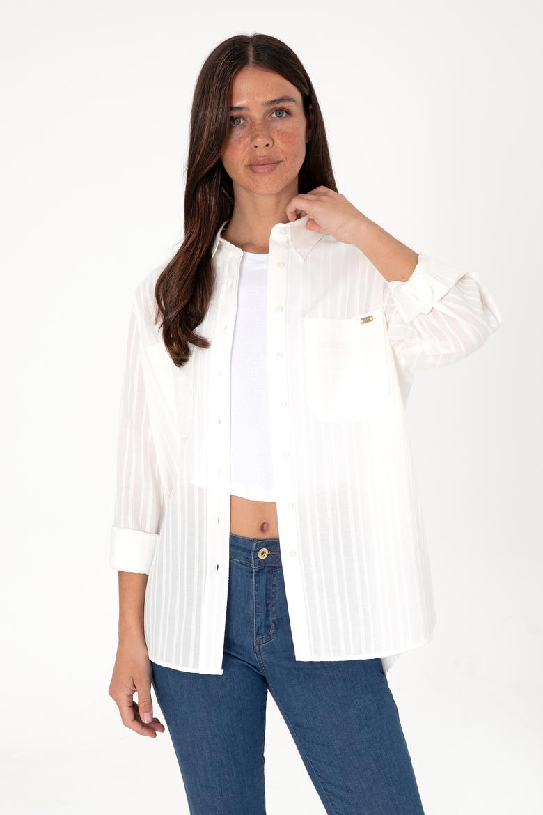 Kadın Beyaz Uzun Kollu Çizgili Tunik Gömlek - 50299320005