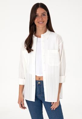 Kadın Beyaz Uzun Kollu Çizgili Tunik Gömlek - 50299320005