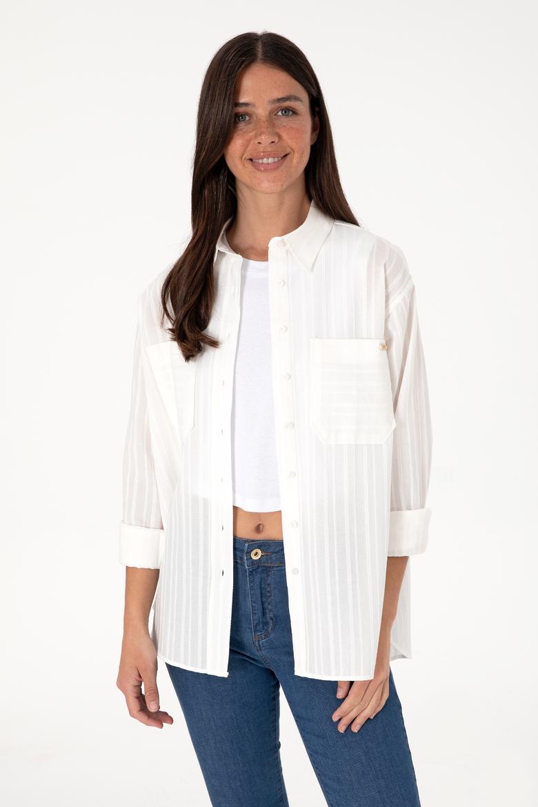 Kadın Beyaz Uzun Kollu Çizgili Tunik Gömlek