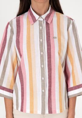 Kadın Turuncu Çizgili Keten Karışımlı Uzun Kollu Gömlek - 50305876001