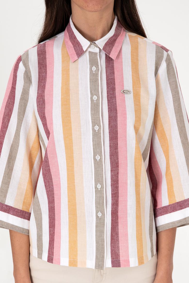 Kadın Turuncu Çizgili Keten Karışımlı Uzun Kollu Gömlek - 50305876001