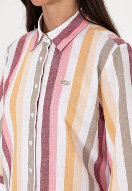 Kadın Turuncu Çizgili Keten Karışımlı Uzun Kollu Gömlek - 50305876001