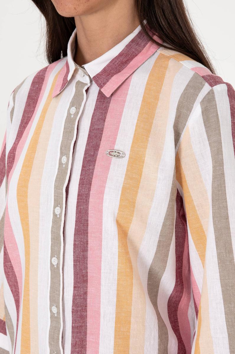 Kadın Turuncu Çizgili Keten Karışımlı Uzun Kollu Gömlek