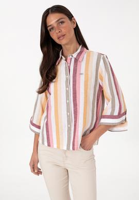 Kadın Turuncu Çizgili Keten Karışımlı Uzun Kollu Gömlek - 50305876001
