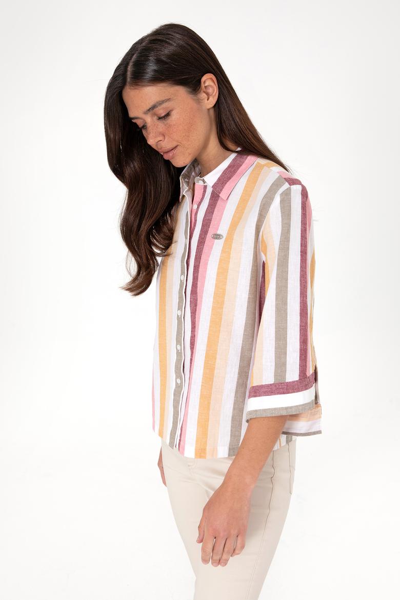 Kadın Turuncu Çizgili Keten Karışımlı Uzun Kollu Gömlek - 50305876001