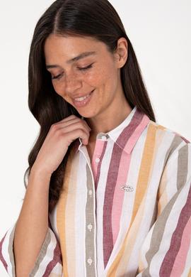 Kadın Turuncu Çizgili Keten Karışımlı Uzun Kollu Gömlek - 50305876001