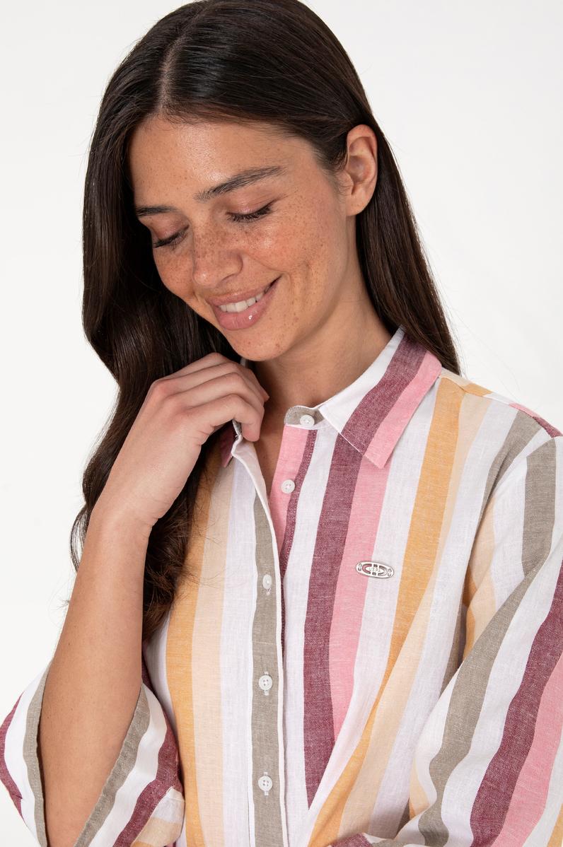 Kadın Turuncu Çizgili Keten Karışımlı Uzun Kollu Gömlek