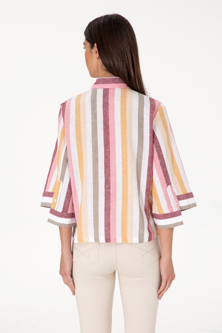 Kadın Turuncu Çizgili Keten Karışımlı Uzun Kollu Gömlek - 50305876001