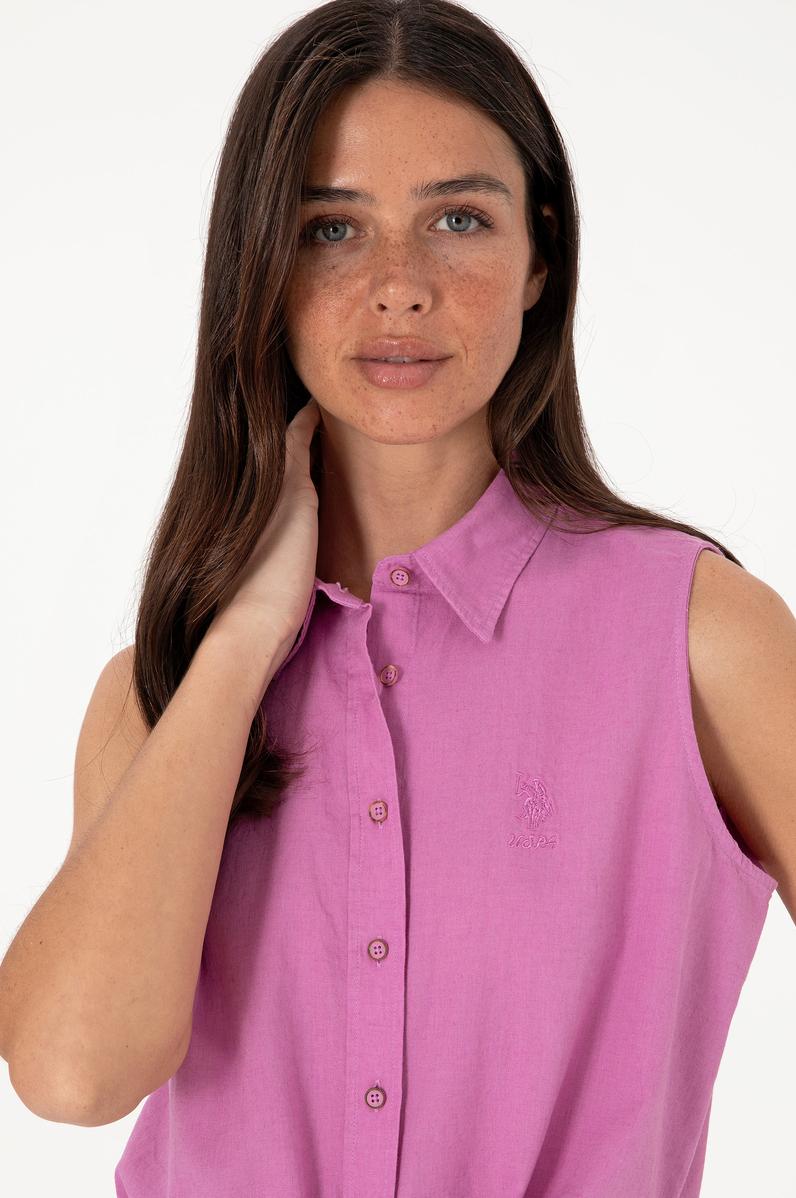 Kadın Fuşya Keten Karışımlı Kısa Kollu Gömlek