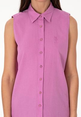 Kadın Fuşya Keten Karışımlı Kısa Kollu Gömlek - 50298111062