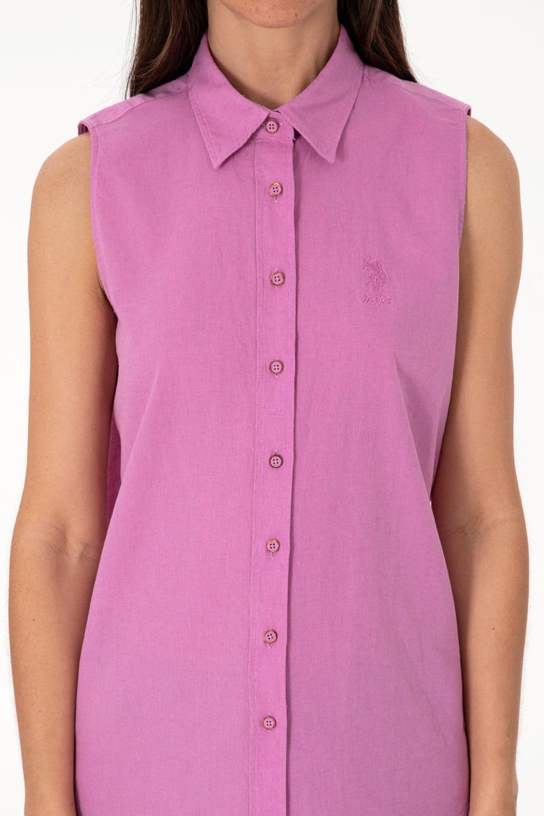 Kadın Fuşya Keten Karışımlı Kısa Kollu Gömlek - 50298111062