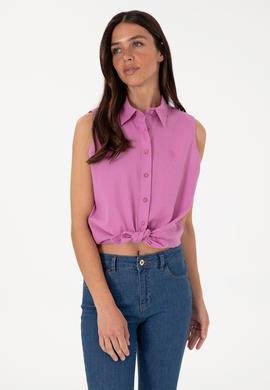 Kadın Fuşya Keten Karışımlı Kısa Kollu Gömlek - 50298111062