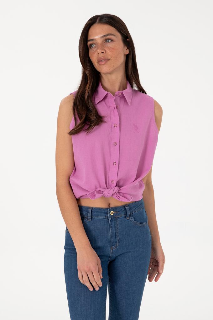 Kadın Fuşya Keten Karışımlı Kısa Kollu Gömlek