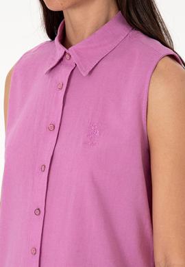 Kadın Fuşya Keten Karışımlı Kısa Kollu Gömlek - 50298111062