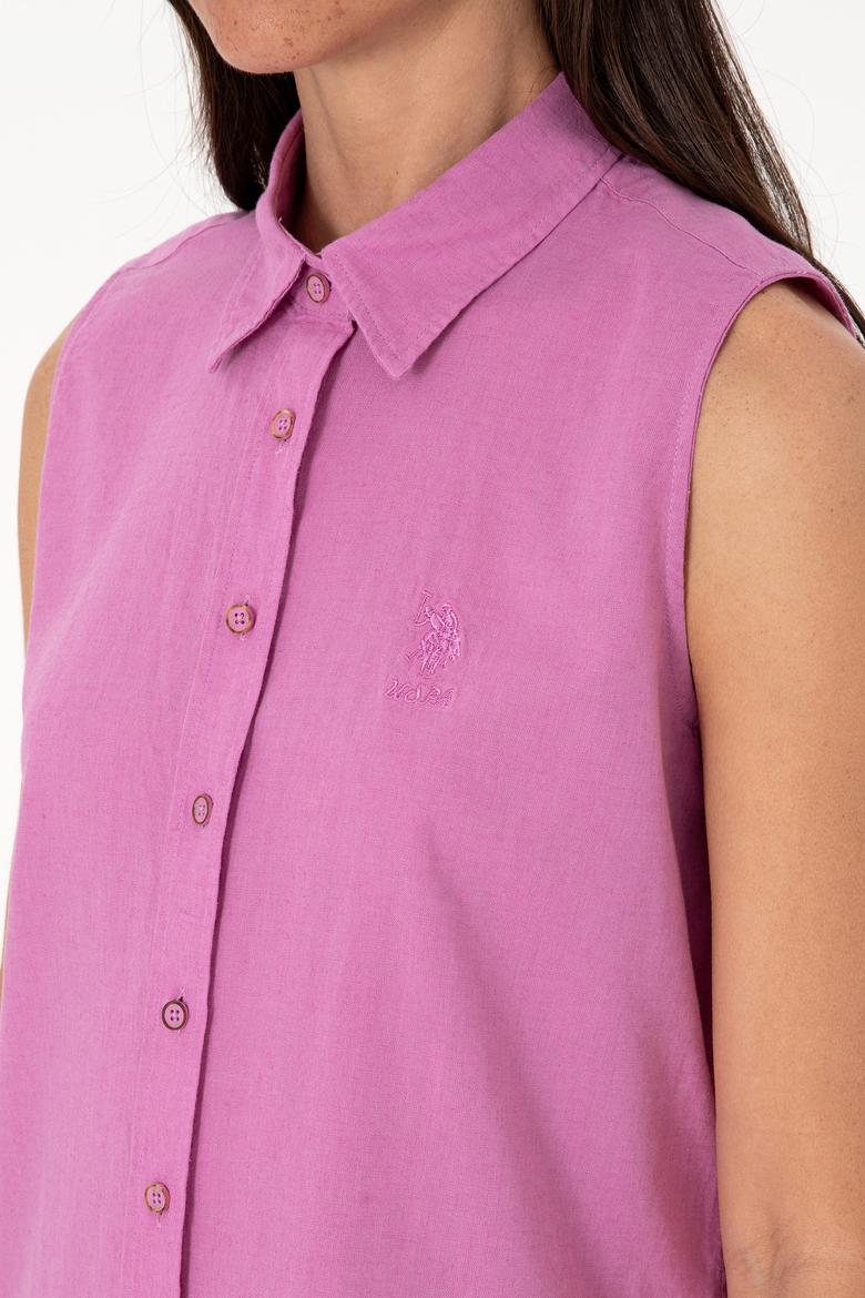 Kadın Fuşya Keten Karışımlı Kısa Kollu Gömlek - 50298111062