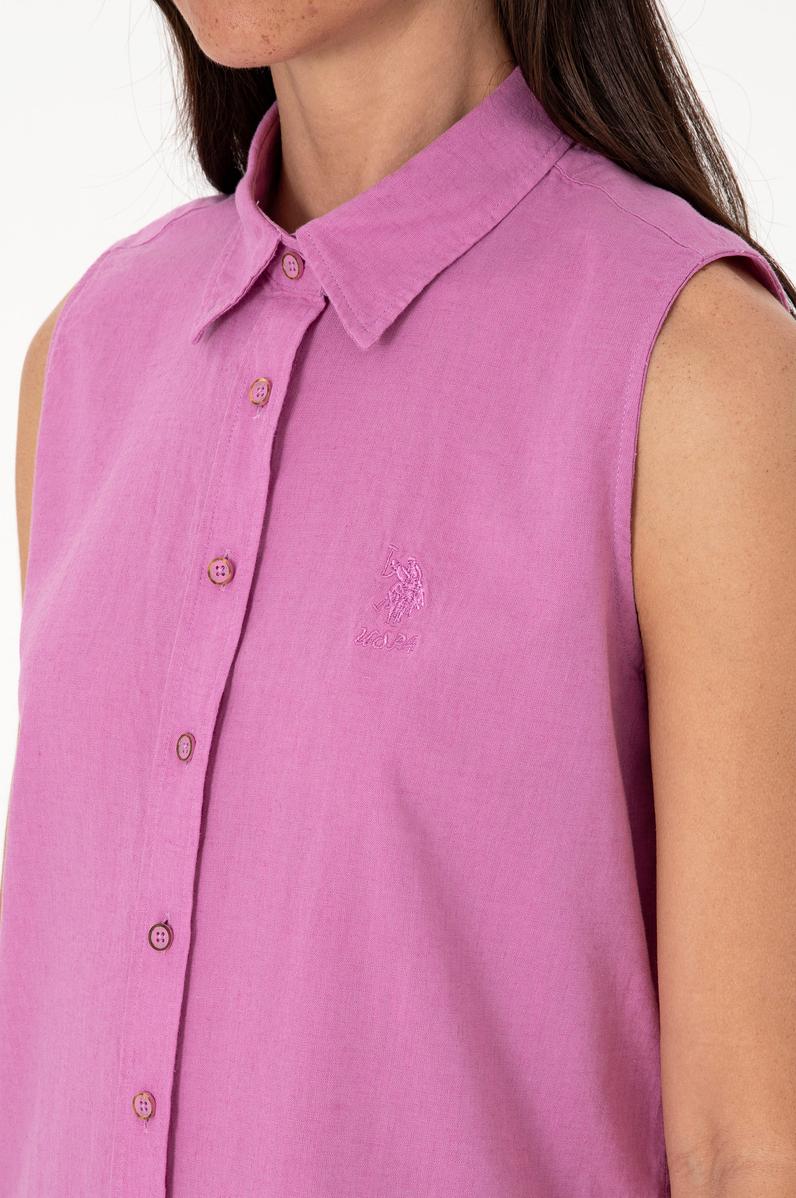 Kadın Fuşya Keten Karışımlı Kısa Kollu Gömlek