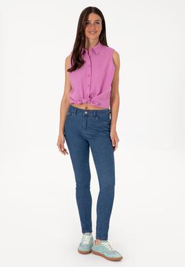 Kadın Fuşya Keten Karışımlı Kısa Kollu Gömlek - 50298111062