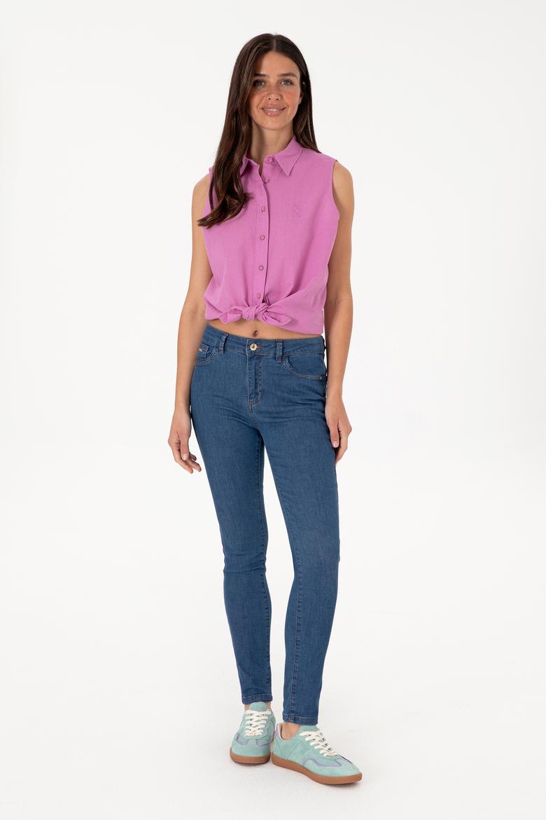 Kadın Fuşya Keten Karışımlı Kısa Kollu Gömlek - 50298111062