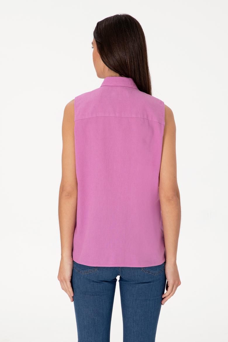 Kadın Fuşya Keten Karışımlı Kısa Kollu Gömlek - 50298111062