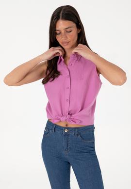 Kadın Fuşya Keten Karışımlı Kısa Kollu Gömlek - 50298111062